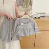 ¡Limón Salado SevenOriginal! Conjunto de tres piezas de otoño estilo coreano para niñas: top de manga larga, top sin mangas floral y pantalones de abuela de lunares