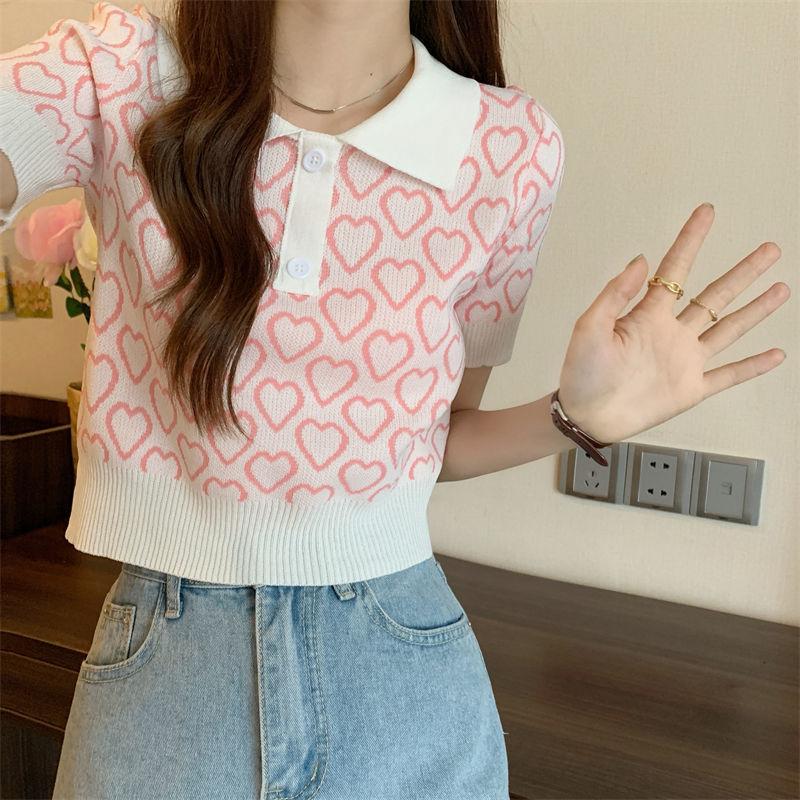 智贝详情图_10纯欲格子爱心短袖针织衫女夏季薄款polo领修