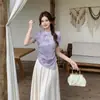 Verão 2026 Novo Estilo Tamanho Plus Feminino Estilo Chinês Tradicional Vazado Bordado Manga Curta Slim Fit Jovem Blusa