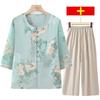 Roupas de Verão da Mamãe 2025 Novo Conjunto Roupa Feminina para Meia-Idade e Idosas Camiseta Roupas da Vovó Roupas da Sogra Verão Estilo Chinês Conjunto de Duas Peças