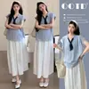 Conjunto de Verano para Maternidad 2026 Estilo Nuevo: Conjunto de Top Camisa de Maternidad con Lazos + Falda de Maternidad para el Trabajo