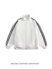 Chaqueta Retro Americana de Tres Rayas con Cuello Alto para Hombre, Chaqueta Holgada de Marca de Moda Otoñal con Cremallera Doble, Abrigo Cárdigan para Pareja