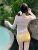 Linda Niña Dulce Estrella Blusa Semitransparente de Manga Larga Bikini de Tres Piezas Bikini Dividido Traje de Baño para Mujer