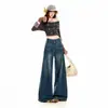 Jeans blancos de pierna ancha estilo americano de doble botón, lavados y desgastados, de longitud hasta el suelo, para mujer, de importación transfronteriza, pantalones largos blancos extendidos azul oscuro