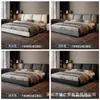 Cama doble tapizada de cuero genuino minimalista italiano, cabecero grande, cama de boda de lujo ligero para dormitorio principal, cama de almacenamiento moderna y simple de pie