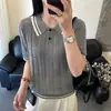 Blanco Color-Blocking Verano Versátil Nuevo Color Sólido Viajero Ajustado Único Chic Tejido Cuello Polo Manga Corta Top