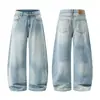 Jeans anchos holgados JIAMU estilo americano, versátiles de alta resistencia, corte curvo azul lavado para hombres y mujeres