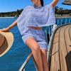 Amazon Estilo Europeo y Americano Verano Conjunto de Dos Piezas Blusa Top de Punto Hueco Shorts Traje de Moda para Vacaciones en la Playa