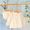 Ropa Coreana para Niñas Primavera y Otoño 2026 Nuevo Elegante Holgado Encaje Bordado Cuello Alto Conjunto de Camisa para Niñas Lindas