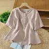 Nova camisa feminina de verão versátil, gola redonda, manga curta, abotoamento simples, com design de cardigã, roupas casuais femininas, versátil