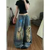 Calça jeans estilo rua retro americano com estampa de pônei, desfiada, com barra curva, para homens e mulheres, calça larga solta de comprimento até o chão