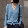 Cárdigan de punto minimalista con cuello en V versátil para mujer, chaqueta suéter elegante de manga larga para superponer, top fino