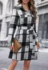 Vestido Camisa Retro a Cuadros para Mujer Otoño Invierno Ceñido a la Cintura Adelgazante Manga Larga Casual con Bolsillos Falda Midi