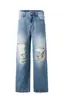 Ropa de Hombre Fengshe / Jeans Anchos Rasgados Estilo Retro Americano para Hombre Primavera 2026 Nuevos Pantalones Rectos Holgados High-Street