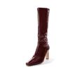 Botas de Couro de Touro Brilhante Estilo Europeu e Americano Novidade para Comércio Exterior Elegantes Bico Quadrado Tamanho Grande Zíper Lateral Salto Alto Grosso Botas de Moda Elegantes