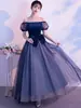 Vestido largo estilo francés con diseño de hombros descubiertos, mangas abullonadas de malla, lazo en la cintura, tela con purpurina degradada, adecuado para anfitriona
