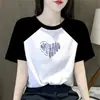 Camiseta de Manga Corta para Mujer con Estampado de Dibujos Animados y Bloques de Color, Hombro Normal, Estilo Ins de Moda para un Look Juvenil, Comercio Exterior Transfronterizo