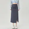 Falda Larga Gris Estilo Traje para Mujer, Nuevo 2026 Primavera y Otoño Falda Lápiz Irregular Plisada con Abertura Falda Línea A