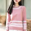 Suéter tejido a rayas retro 100% algodón puro para mujer, cuello redondo, diseño color block, estilo casual, adecuado para el trabajo y el uso diario, capa base de manga larga