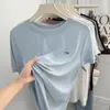 Camiseta de manga corta para mujer, ligera y cómoda, de Lyocell Tencel y lana, hombro normal de verano, top simple bordado de cuello redondo, camiseta básica