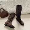 Botas Holgadas Noruegas para Mujer Otoño e Invierno 2025 Aumento Interno de Altura Correa Cruzada Botas Vaqueras de Caña Media Botas Western Botas de Montar