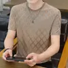 Camiseta de manga corta de seda helada para hombre, verano, jacquard, corte ajustado, manga media, casual, versátil, top moderno para hombre, cuello redondo