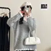 Suéter de Punto con Encaje Popular de Este Año para Mujer Gris de Longitud Media Versátil que Reduce la Edad Perezoso Dulce de Punto