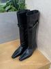 Botas de Caña Alta Puntiagudas Plisadas de Estilo Holgado Europeas y Americanas para Mujer 2025 Otoño e Invierno Nuevo Estilo con Aumento Interno de Altura, Caña Ancha, Tubo Alto, Hasta la Rodilla