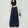 Pantalones de traje de verano finos azul marino de doble cintura con retazos a cuadros para mujer, versátiles, estilo americano, holgados, con caída, pierna ancha, casuales