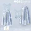 Conjunto de moda para niñas: Conjunto de dos piezas para verano: camiseta fina dulce y fresca de manga corta con cordón, lazo y media falda