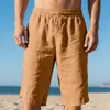 Shorts cropped masculinos de linho, cor sólida, com cordão ajustável na cintura elástica, modelo reto, respiráveis, ideais para uso diário na praia, disponíveis em sites independentes.