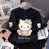 Camiseta Infantil de Algodão Puro Manga Curta 2026 Verão Estilo Quente Meninas Fofas Estampa Cartoon de Gatinho Gola Redonda Manga Meia-Manga Top