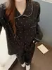 Pijama de otoño para mujer con cuello de muñeco de dibujos animados, manga larga y pantalón largo, lindo conjunto de dos piezas de algodón nube para casa, corte holgado