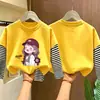 Camiseta de manga larga a rayas de algodón puro para niñas, estilo primavera y otoño, imitación de dos piezas, top de dibujos animados estiloso para niños mayores