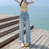 Jeans Feminino Verde Menta Ultra Macio, Reto, Solto, Confortável, para Comércio Transfronteiriço Europeu e Americano, Emagrecedor, Fluido, Perna Larga, Macio e Fino