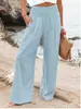 Calças pantalona de cintura alta para mulheres, calças compridas casuais finas e largas de verão, calças estilo férias na praia estampadas de cor sólida
