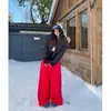 Calça Larga Vermelha Estilo Americano com Design de Strass de Letras Calça Casual Solta Feminina Cintura Alta Calça Longa para Dança Jazz Esportes