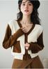 Retro V-neck contraste cor malha cardigan 2022 início do outono novo popular suéter preguiçoso estilo manga comprida top sweater