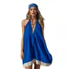Vestido Halter de Verano 2026 Estilo Europeo y Americano con Escote en V Profundo para Mujer de Algodón y Lino de Color Contrastante Holgado para Vacaciones en la Playa Vestido Corto de Corte A