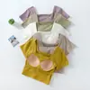 Camiseta de cintura alta para mujer, expone el ombligo, manga corta, copa, una pieza, cuello cuadrado, ropa interior, top ajustado con base y almohadilla de soporte