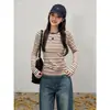 Camiseta de manga larga a rayas Melard para mujer, primavera/otoño, corte ajustado, estilo casual retro, top básico, hombro normal, estilo para ir al trabajo