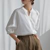 Camisa de Manga Curta Top de Entrevista Feminino Senso de Design Temperamento Profissional Colarinho Manga Bufante Francesa Camisa de Algodão Feminina
