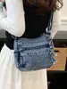 Bolso de Mezclilla Lavado Retro para Mujer Múltiples Bolsillos con Cremallera Almacenamiento Cruzado Bolso Pequeño de Hombro Único de Moda para Salir de Compras