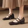 Sapatos Mary Jane de Novo Estilo com Tiras Duplas, Bico Quadrado, Boca Rasa, Sapatos de Primavera e Outono de Solado Único, Salto Bloco, Sapatos Profissionais Femininos, Tamanhos 32-43