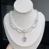 Colar de flor lilás claro de camada dupla, luxo leve, moda, toque de alta qualidade, corrente de suéter versátil e delicada