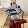 Estilo coreano vintage contraste listrado lapela suéter cardigan casaco feminino outono e inverno solto estilo preguiçoso pequeno suéter de malha