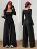 Mono de Estilo Nuevo 2026 con Cuello Cuadrado y Mangas Largas para Mujer, Pantalones de Pierna Ancha que Ceñen la Cintura, Mono Casual Estilo Ins Europeo y Americano, de Cintura Alta