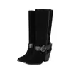 Botas de couro de cano alto com bico redondo, tamanho grande, para outono e inverno, versáteis no uso, leves, de calçar fácil, com salto quadrado, cor sólida, sola de borracha, estilo Martin