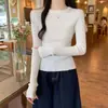 Top base acanalado con volantes juvenil y reductor de edad para mujer, suéter de punto elegante de otoño, cuello redondo, ajuste ceñido