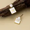 Pendientes Cuadrados de Esmalte con Forma de Estrella y Nariz de Cerdo con Perlas para Mujer, Pendientes Clásicos Elegantes de Letras de Alta Gama